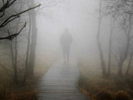 Das Foto zeigt einen Holzbohlenweg durch einen Wald oder ein Moorgebiet. Auf dem Weg geht ein Mann, den man von hinten sieht. Es herrscht starker Nebel. Der Mann, von dem man nur die Umrisse sieht, geht in den Nebel hinein.