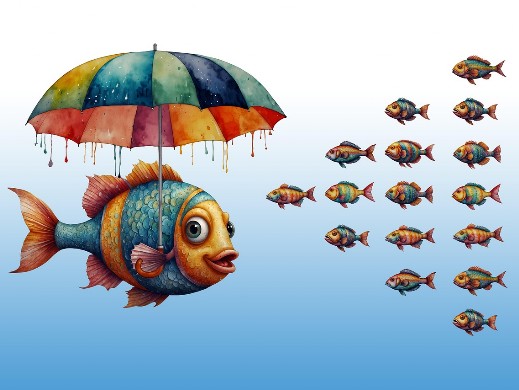 Die Zeichnung zeigt einen großen bunten Fisch, der über sich einen bunten Schirm hält. Ihm kommen viele kleine Fische entgegen, die in die entgegengesetzte Richtung schwimmen. So steht der Fisch für den christlichen Mut, gegen den Strom zu schwimmen.